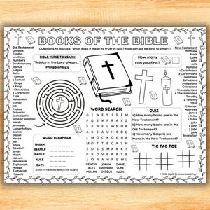 May include: Black and white activity sheet titled "Books of the Bible" with a maze, word search, and quiz. Includes Bible verses and a tic-tac-toe game. Features illustrations of a book, cross, and candle.