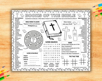 Books Of The Bible Activity Placemat, Bible Study Coloring Page, Sunday School Activity Sheet, Children Church Books Of The Bible Craft Game