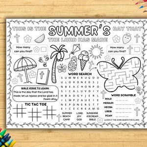 Summer Bible Activity Placemat, VBS Coloring Craft Printable, Sunday School Games Sheet, Kids Homeschool Lesson, Christian Children's Church
