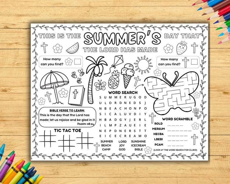 Summer Bible Activity Placemat, VBS Coloring Craft Printable, Sunday School Games Sheet, Kids Homeschool Lesson, Christian Children's Church