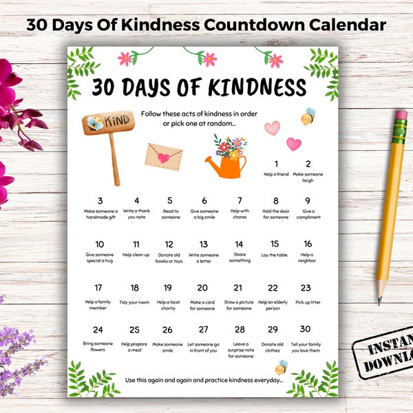 30 Days Of Kindness Countdown Calendar, Acts Of Kindness Calendar Printable, Sunday School Activities, 30 Random Acts Of Kindness For Kids