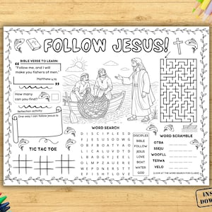 May include: Black and white printable activity sheet with the text "FOLLOW JESUS!". Includes a Bible verse, a maze, a word search, a word scramble, and a tic-tac-toe game. Features illustrations of Jesus and fishermen.