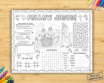 Christian Follow Jesus Placemat Printable, Bible Activity Sheet, Kids Church Games, Sunday School Craft, Fishing Disciples Coloring Page