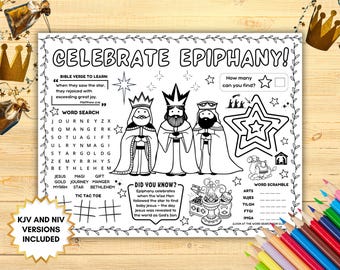 以下が含まれることがあります： 「CELEBRATE EPIPHANY！」のテキストが入った白黒の塗り絵。三賢者、星、単語検索のイラストが特徴です。聖書の詩、三目並べ、単語スクランブルゲームが含まれています。KJVとNIVのバージョンが含まれています。