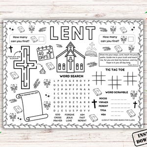 Lent Bible Activity Placemat, Lent Bible Activity Coloring Sheet, Easter Sunday School Kids Activity, Christian Childrens Church Lent Games