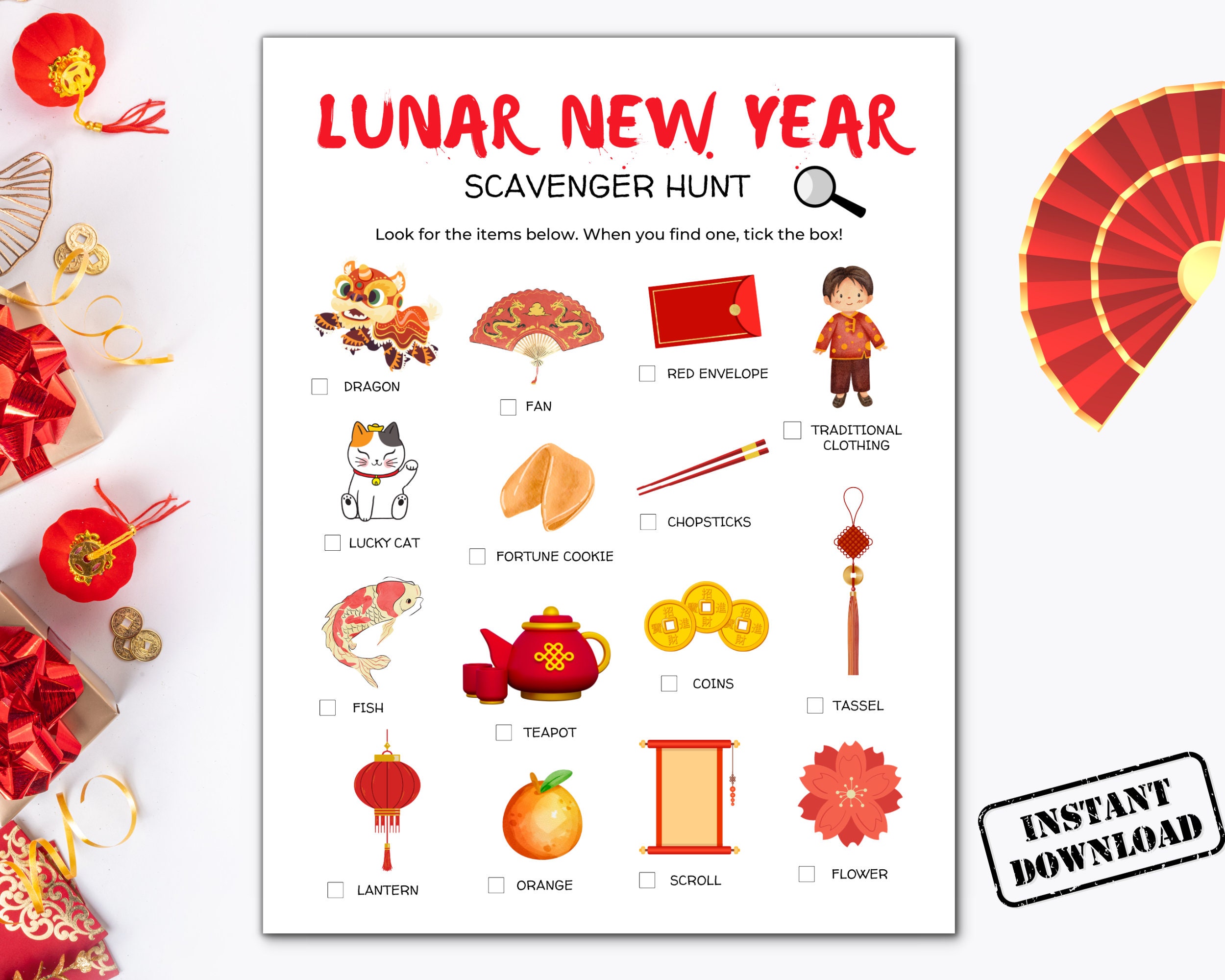 Lunar New Year Scavenger Hunt Printable, Chinese New Year Treasure Hunt, 2024 Year of the Dragon