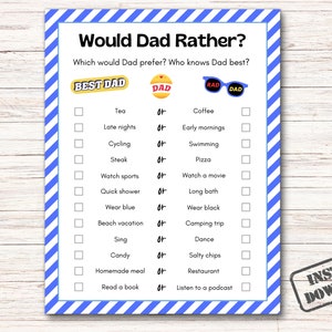 Would Dad Rather Game, This or That Game, Who Knows Dad Best? Father&#39;s Day Printable Activity, Dad Quiz, Questions For Dad, Would You Rather
