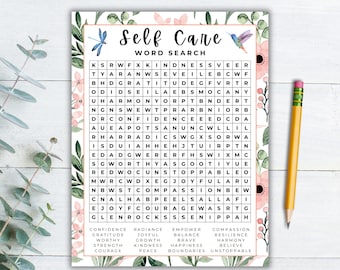 Self Care Word Search Printable, Mindfulness Self Love Activity, Women's Retreat Game, Yoga Wellness Event Worksheet, Calming Adult And Teen