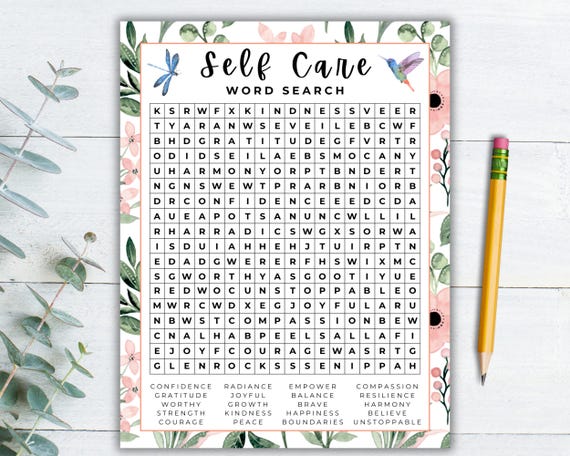 Self Care Word Search Printable, Mindfulness Self Love Activity, Women's Retreat Game, Yoga Wellness Event Worksheet, Calming Adult And Teen
