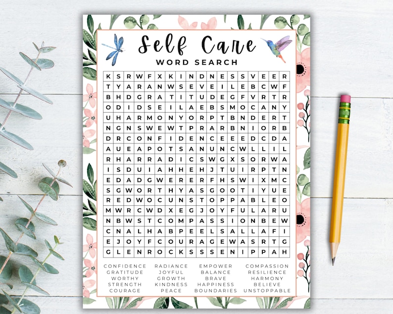 Self Care Word Search Printable, Mindfulness Self Love Activity, Women's Retreat Game, Yoga Wellness Event Worksheet, Calming Adult And Teen