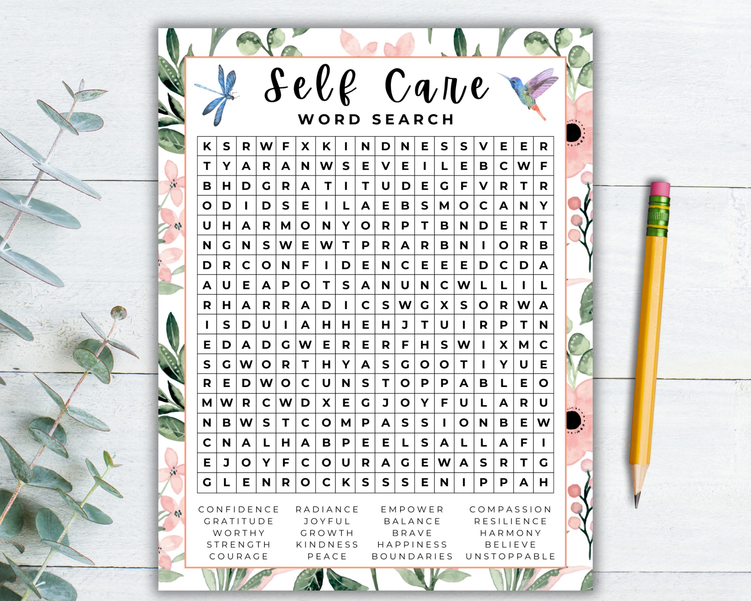 Self Care Word Search Printable, Mindfulness Self Love Activity, Women's Retreat Game, Yoga Wellness Event Worksheet, Calming Adult And Teen
