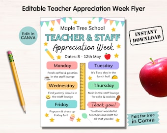 May include: A printable flyer for Teacher Appreciation Week at Maple Tree School. The flyer is decorated with stars, flags, and a red apple. It lists activities for each day of the week, including coffee and pastries, taco day, donuts, cake and cookies, and a popcorn and dress-up day. The flyer says "Edit for free in Canva" at the bottom.