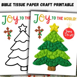 Könnte beinhalten: Zwei ausdruckbare Weihnachtsbastelbögen. Einer ist eine Strichzeichnung eines Weihnachtsbaums, eines Sterns und eines Kreuzes. Der andere ist ein fertiger Baum aus grünem Seidenpapier, einem gelben Stern und einer roten Kugel mit "Jesus ist das Geschenk!"
