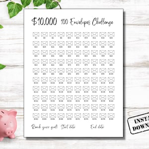 May include: A white printable with a £10,000 100 Envelopes Challenge chart. The chart has 100 envelope icons, each with a monetary amount. Includes the text "Reach your goal! Start date:" and "End date:" at the bottom.