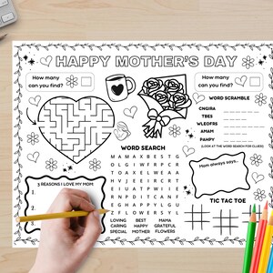 Happy Mothers Day Activity Placemat Printable, Mothers Day Craft Coloring Page, All About Mom Tablemat, Kids Preschool Classroom Games Sheet