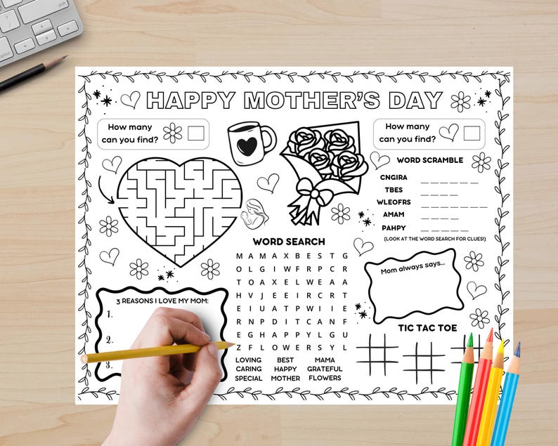 Happy Mothers Day Activity Placemat Printable, Mothers Day Craft Coloring Page, All About Mom Tablemat, Kids Preschool Classroom Games Sheet