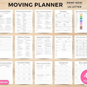 May include: Printable moving planner with 45 pages of checklists, forms, and trackers to help you organize your move. Includes sections for moving checklist, moving day survival kit, room cleaning checklist, receipts, box label color key, room planning summary, address change, cleaning checklist, moving company notes, 30 day declutter challenge, roles and responsibilities, important dates, ideas for the new place, contact list, and box labels.