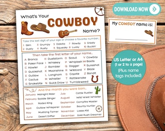 What's Your Cowboy Name Printable, Cowboy Name Game, Wild West Activities, Birthday Party, Western Themed Office Party, Rodeo Name Generator