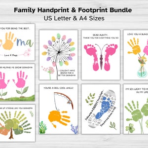 May include: A collection of printable family handprint and footprint art templates. Designs include handprint flowers, a butterfly made of footprints, and a tree made of handprints. Text includes phrases like "Love & Hugs" and "I'm so lucky to have you in my life!"