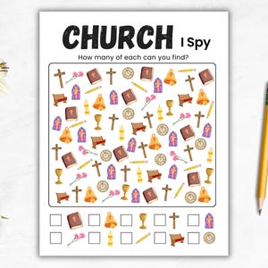 May include: A white sheet with the words "CHURCH I Spy" and the question "How many of each can you find?" Various church-related illustrations, including crosses, bells, and Bibles, are scattered across the page. A yellow pencil rests on the right.