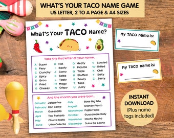 What's Your Taco Name Game, Cinco De Mayo Mexican Party Game, Mexican Fiesta Office Party, Taco Tuesday Night, Taco Birthday Party Name Game