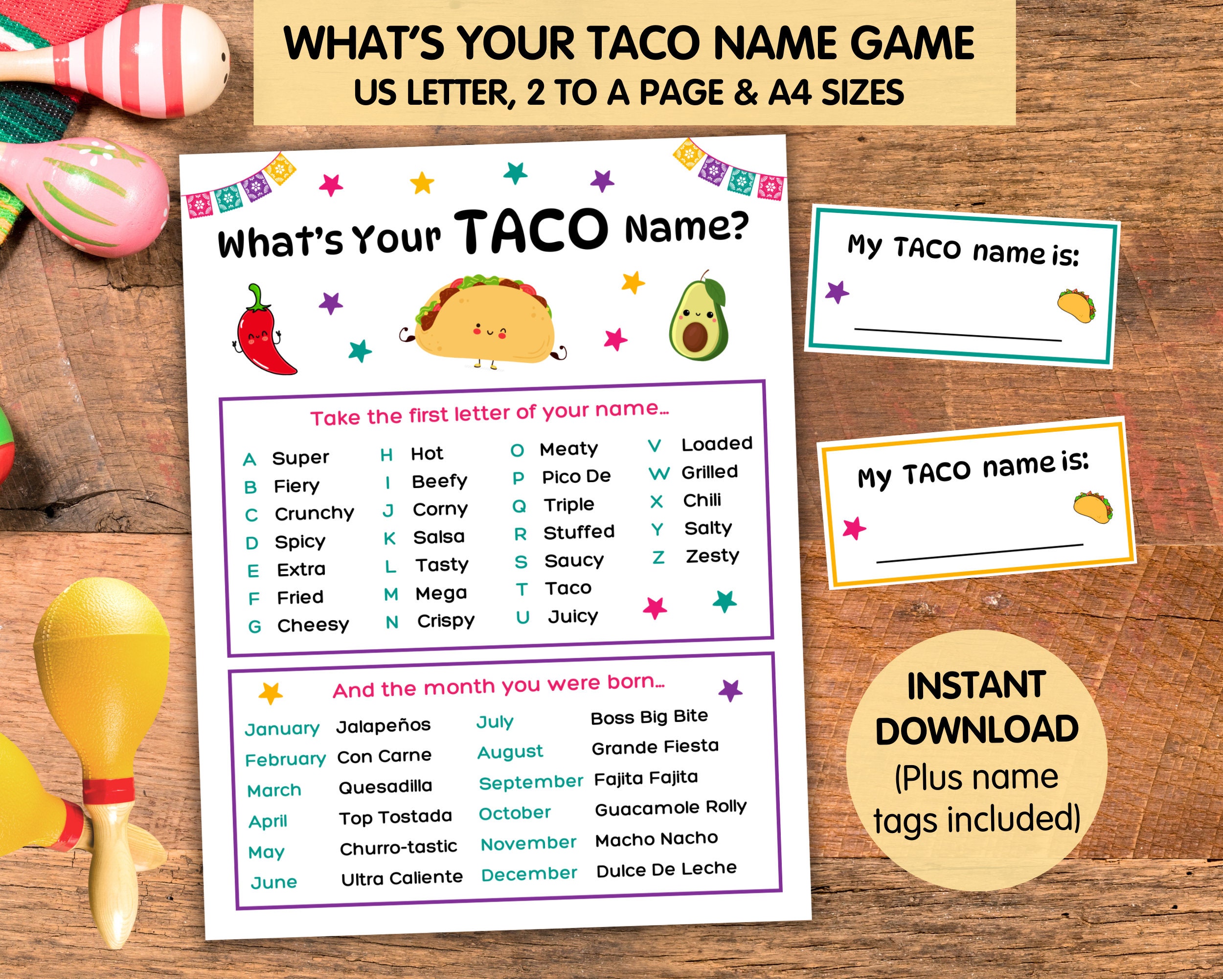 What's Your Taco Name Game, Cinco De Mayo Mexican Party Game, Mexican ...