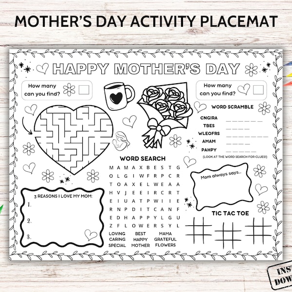 Happy Mothers Day Activity Placemat Printable, Mothers Day Craft Coloring Page, All About Mom Tablemat, Kids Preschool Classroom Games Sheet