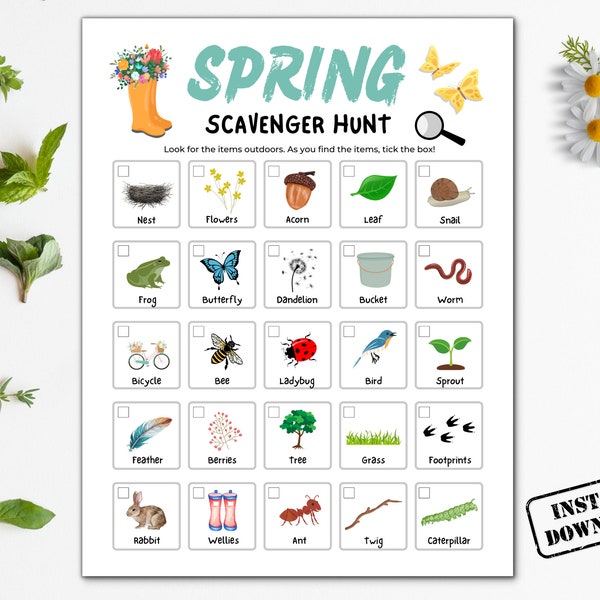 Spring Scavenger Hunt, Outdoor Spring Treasure Hunt Printable, Nature Scavenger Hunt For Kids, Kids Nature Games, Preschool Spring Activity