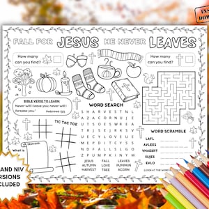Fall Bible Activity Placemat, Fall For Jesus He Never Leaves Sunday School Printable, Christian Children's Church Coloring Craft Kid's Game