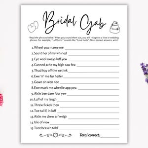 May include: A white sheet with the title "Bridal Gab" in cursive, presenting a game with phrases to solve, themed around weddings. Includes a cake illustration and space for answers.