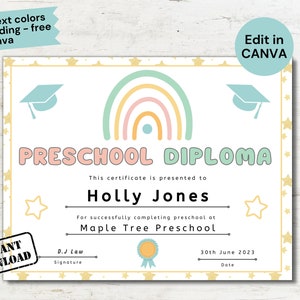 Editable Preschool Diploma, Daycare Graduation, Preschool Graduation Diploma, Personalized Graduation Certificate Template, PreK Certificate