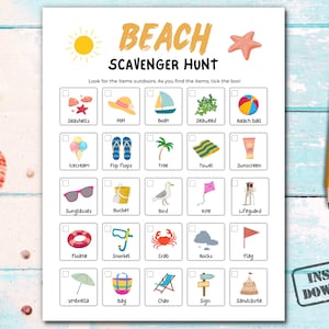 Caccia al tesoro sulla spiaggia, Caccia al tesoro per bambini, Caccia al tesoro all'aperto stampabile, Caccia al tesoro sulla spiaggia, Gioco estivo per bambini, Giochi per le vacanze in famiglia