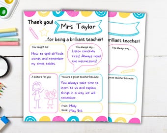 All About My Teacher Printable Thank You Card, Fill In Appreciation Letter for Kids, Classroom Gift Students, Staff Week Activity, End Year