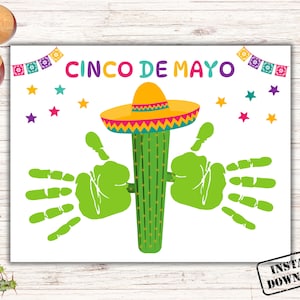 Arte artesanal con huellas de manos del Cinco de Mayo imprimible, pintura con huellas de manos de bebés, actividad para niños de la Fiesta Mexicana, recuerdo de huellas de manos para niños pequeños del Cinco de Mayo