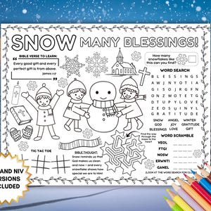 May include: Black and white coloring page with the text "SNOW MANY BLESSINGS!" featuring a snowman, children, and a word search. Includes Bible verses and a tic-tac-toe game. Colored pencils are in the foreground.