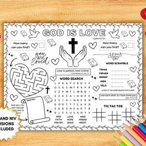 Bible Love Activity Placemat, Christian Valentines Bible Craft Games, Sunday School Activity, God Is Love Childrens Church Coloring Page, Teacher Resources Classroom Ideas.