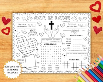 Bible Love Activity Placemat, Christian Valentines Bible Craft Games, Sunday School Activity, God Is Love Childrens Church Coloring Page