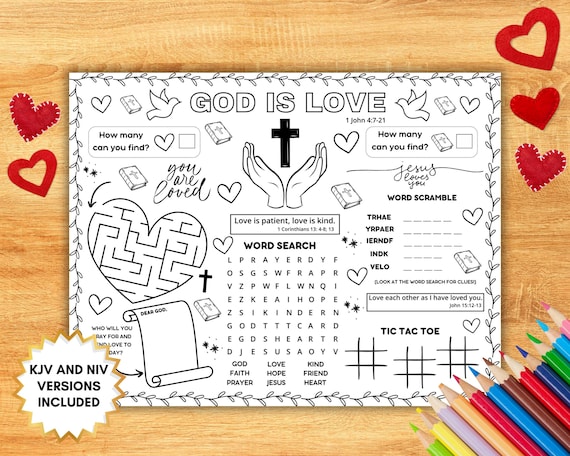 Bible Love Activity Placemat, Christian Valentines Bible Craft Games, Sunday School Activity, God Is Love Childrens Church Coloring Page
