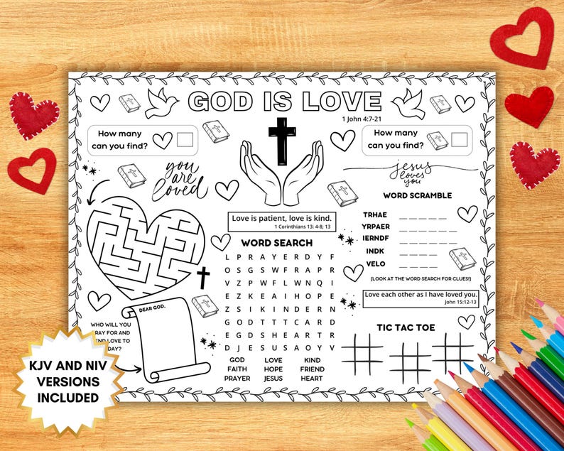 Bible Love Activity Placemat, Christian Valentines Bible Craft Games, Sunday School Activity, God Is Love Childrens Church Coloring Page, Teacher Resources Classroom Ideas.