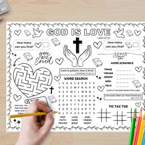 Bible Love Activity Placemat, Christian Valentines Bible Craft Games, Sunday School Activity, God Is Love Childrens Church Coloring Page image 4