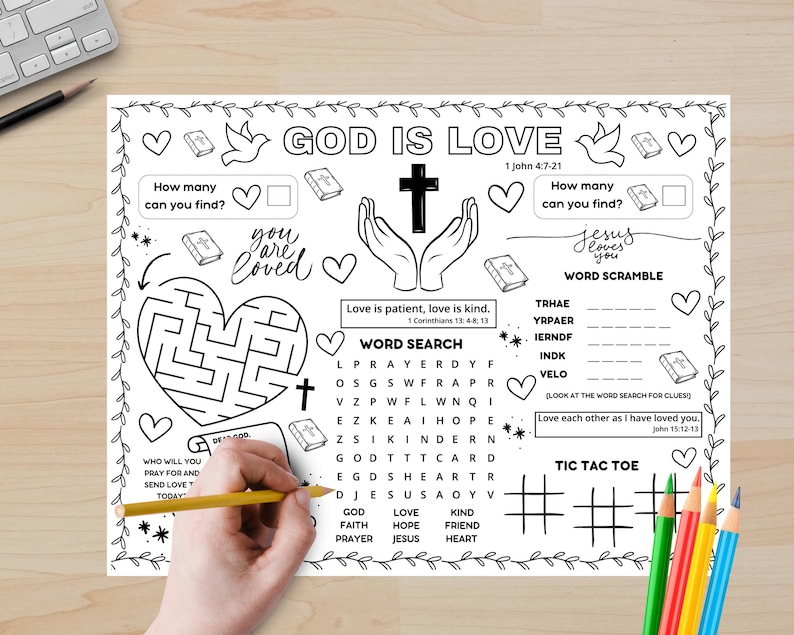Bible Love Activity Placemat, Christian Valentines Bible Craft Games, Sunday School Activity, God Is Love Childrens Church Coloring Page image 4