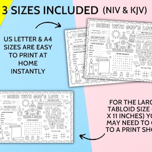 May include: A set of printable activity sheets with the text "SHINE WITH GOD'S LOVE". The sheets include word searches, word scrambles, and tic-tac-toe games. The text "3 SIZES INCLUDED" and "US LETTER & A4 SIZES ARE EASY TO PRINT AT HOME INSTANTLY" are also visible.