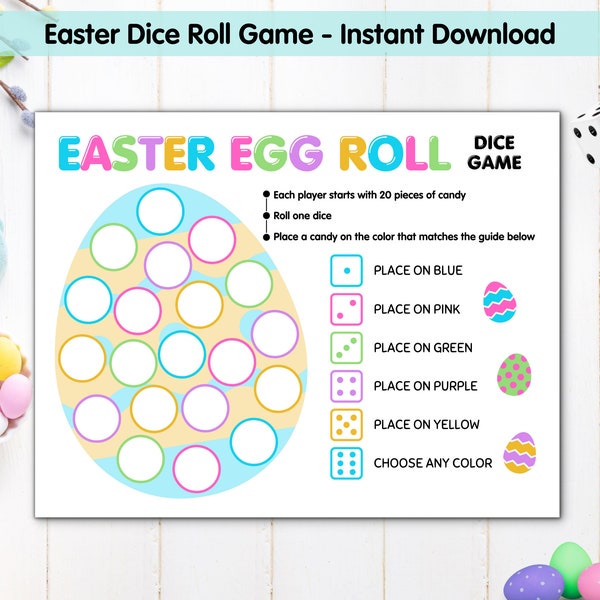 Easter Egg Roll Dice Game Printable, Easter Dice Game All Ages, Easter School Party Candy Game, Classroom Easter Activity, Roll A Easter Egg