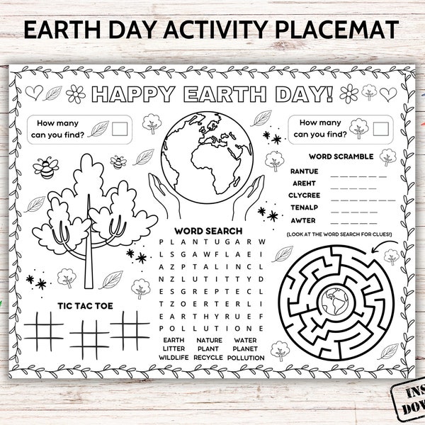 Earth Day Activity Placemat Printable, Happy Earth Day Craft Coloring Page, Nature Environment Table Game Mat, Kid Preschool Classroom Sheet