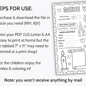 May include: Black and white printable activity sheet with the text "SHINE WITH". Includes a word scramble, word search, and space for coloring. Instructions for use are also included.