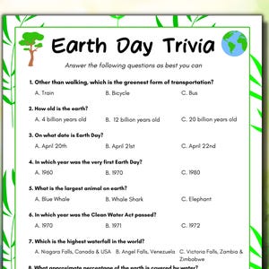 Earth Day Trivia Printable, Happy Earth Day Quiz Activity, Environmental Trivia Game, Office Party, Family Games Night, School Classroom Fun