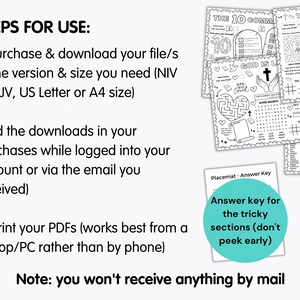 May include: A collection of black and white activity placemats with various puzzles and games, including mazes, word searches, and tic-tac-toe. The image also includes instructions for use and an answer key.