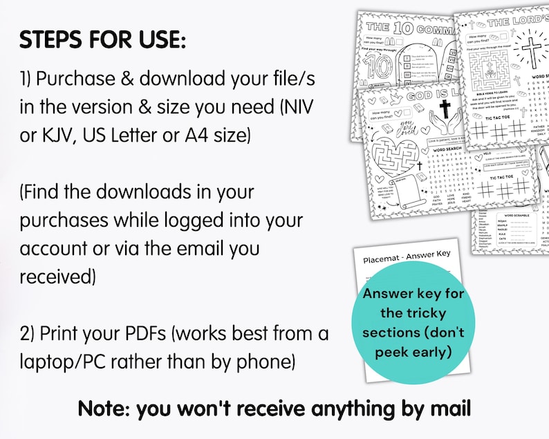 May include: A collection of black and white activity placemats with various puzzles and games, including mazes, word searches, and tic-tac-toe. The image also includes instructions for use and an answer key.