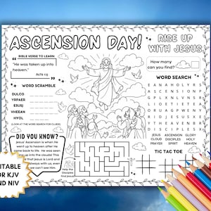 May include: Black and white Ascension Day colouring page with the text "Rise Up With Jesus." Features illustrations of Jesus ascending, disciples, word puzzles, and a maze. Includes the text "Suitable for KJV and NIV."