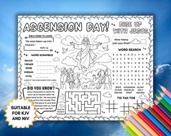 Ascension Day Activity Placemat, Ascent of Jesus Sunday School Craft, Children's Church Bible Coloring Activity, Christian Homeschool Lesson
